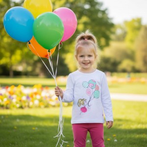 Bluză cu mânecă lungă iDO pentru fete din bumbac, cu imprimeu fetiță și baloane, 4.B406PV25ALB